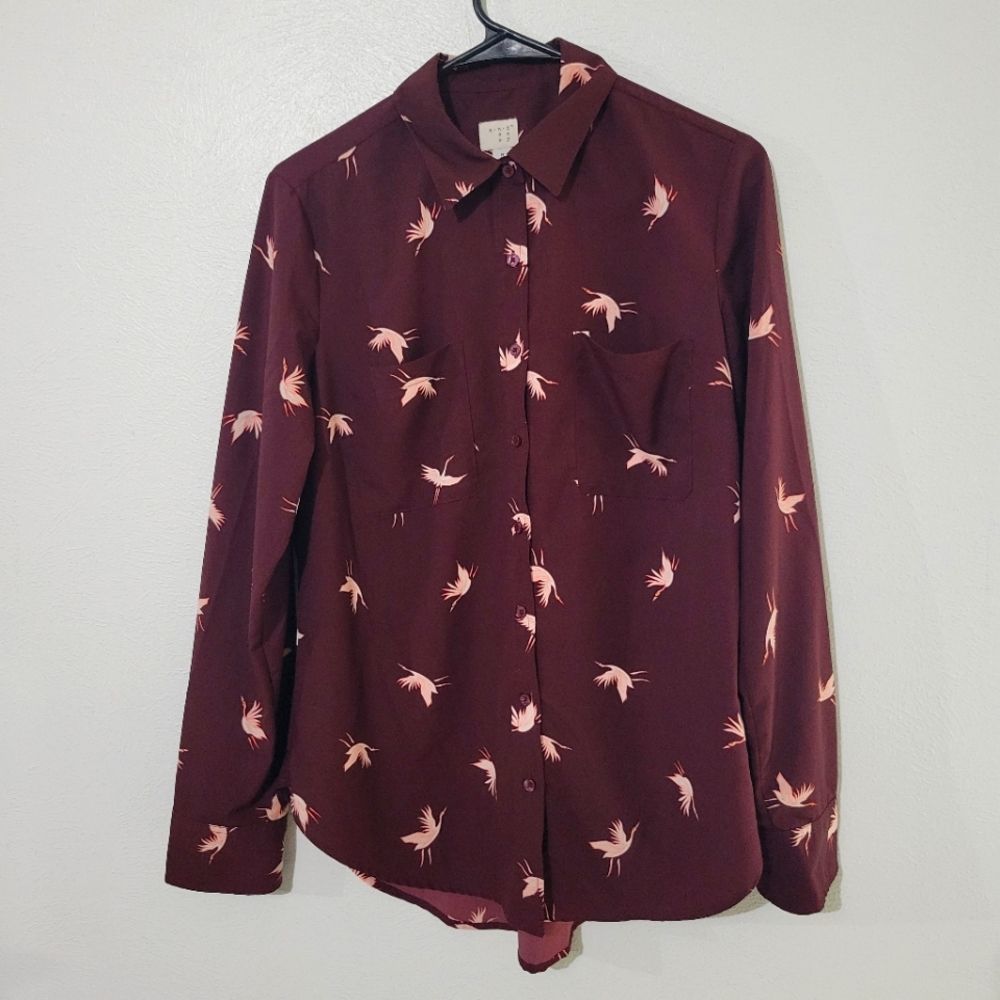 EUC A New Day Bird print Blouse Womans Size M